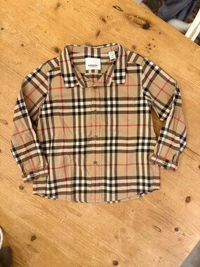 Burberry Beige Plaid Button-Down Shirt with Red Accents